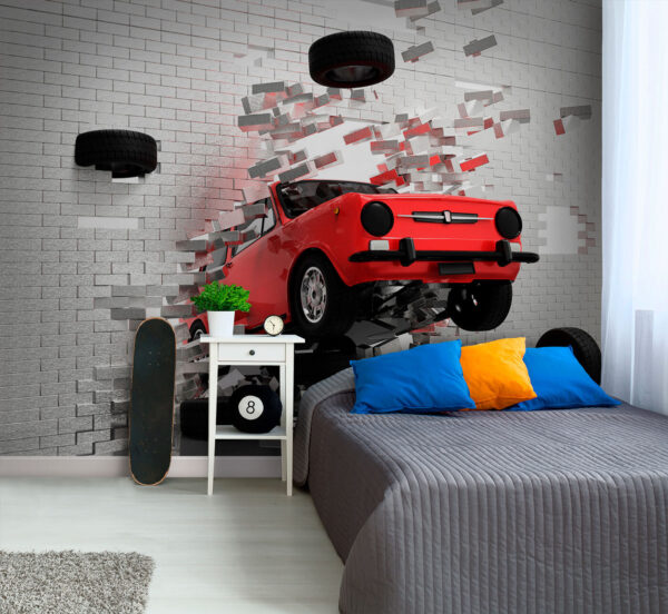 Auto prorazí cihlovou zeď Fototapeta Auto prorazí cihlovou zeď