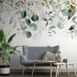 Fototapeta Botanická akvarelová zeleň s květinami.