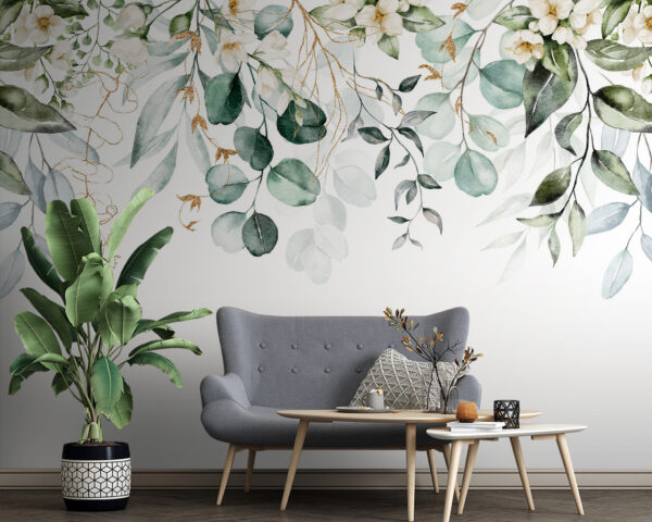 Botanická akvarelová zeleň s květinami Fototapeta Botanická akvarelová zeleň s květinami
