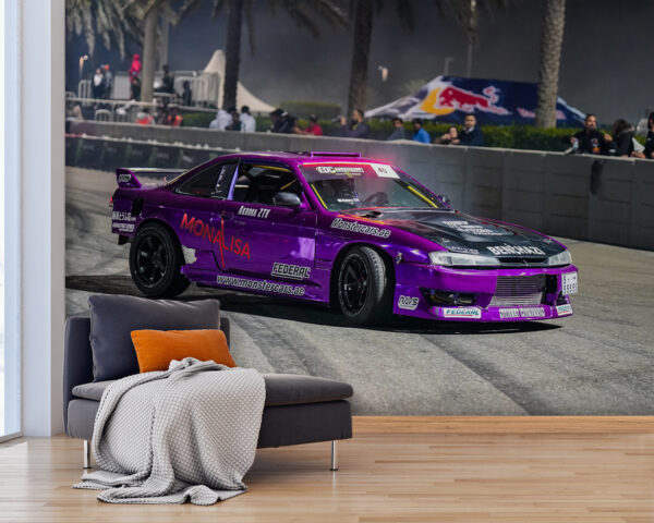 Fialové auto driftuje na trati Fototapeta Fialové auto driftuje na trati