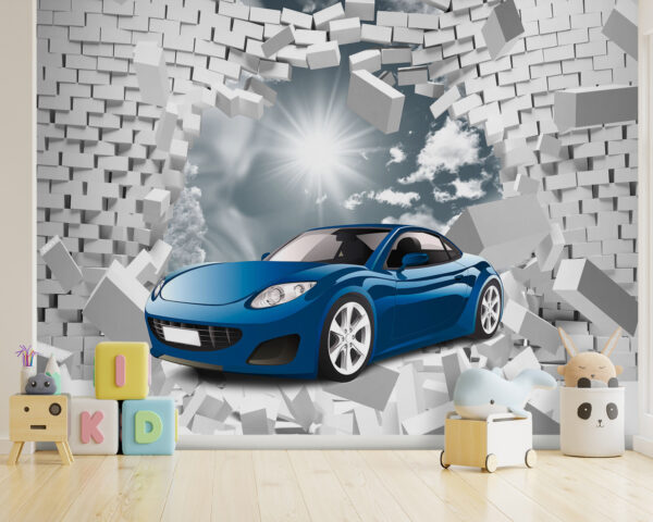 Modré auto prorazí cihlovou zeď Fototapeta Modré auto prorazí cihlovou zeď