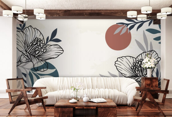 Fototapeta Bílé pozadí s černými a bílými květy a listy