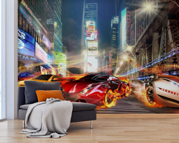 Červené sportovní auto v plamenech Fototapeta Červené sportovní auto v plamenech
