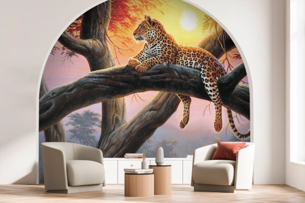 Leopard ležící na stromě při západu slunce Fototapeta Leopard ležící na stromě při západu slunce