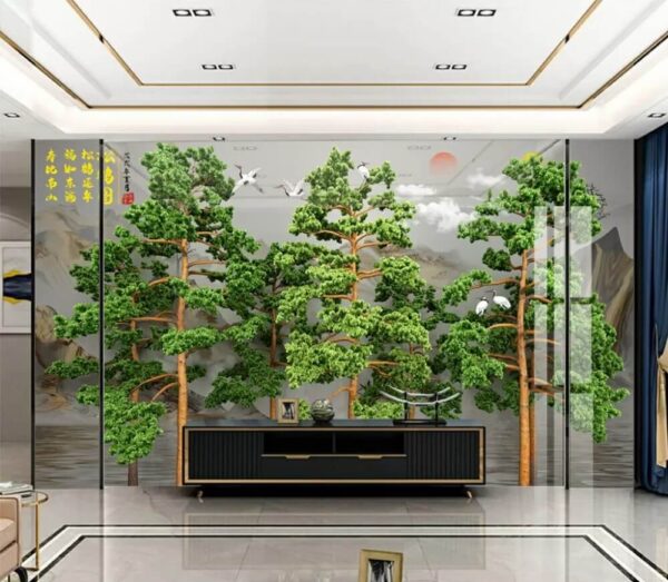 Fototapeta Skupina stromů s ptáky létajícími nad nimi