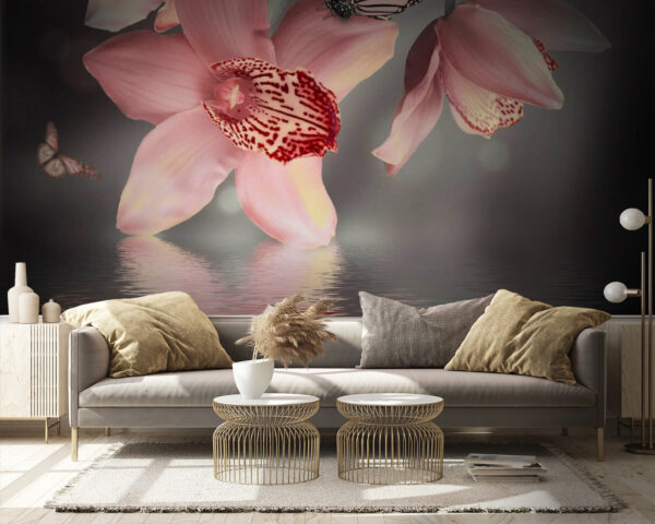 Růžové orchideje a motýli na větvi Fototapeta Růžové orchideje a motýli na větvi