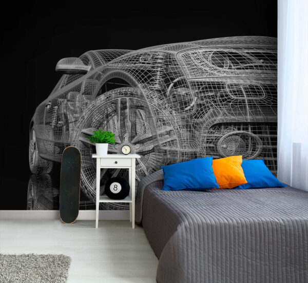 Futuristický digitální design drátěného modelu auta Fototapeta Futuristický digitální design drátěného modelu auta