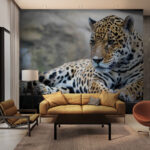 Fototapeta Leopard ležící na dřevěném povrchu