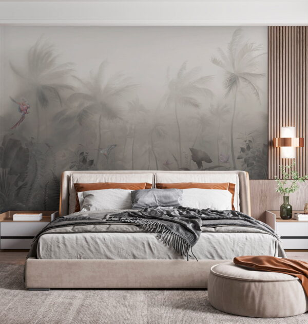 Fototapeta Mlžný les s palmami a motýly