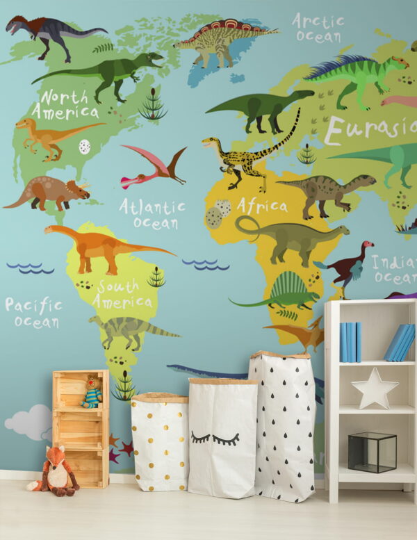 Mapa dinosaurů s bílým textem Fototapeta Mapa dinosaurů s bílým textem