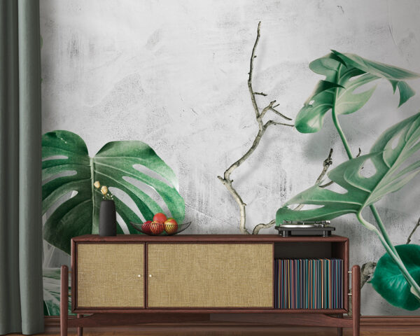 Zelené listy na texturované stěně Fototapeta Zelené listy na texturované stěně
