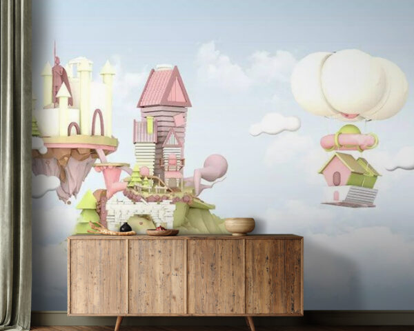 Kreslené domečky vznášející se na obloze Fototapeta Kreslené domečky vznášející se na obloze