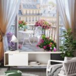 Fototapeta Pohled na balkon s výhledem z okna na Eiffelovu věž