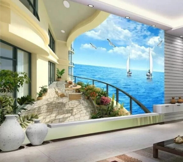 Balkon s výhledem na oceán a lodě Fototapeta Balkon s výhledem na oceán a lodě
