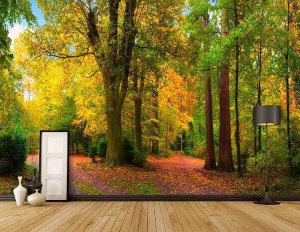 Barevný podzimní les s klikatící se cestou Fototapeta Barevný podzimní les s klikatící se cestou