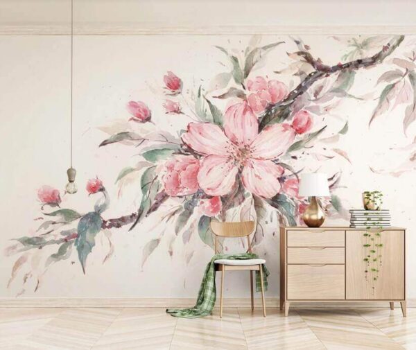 Malba růžových květů na větvi Fototapeta Malba růžových květů na větvi