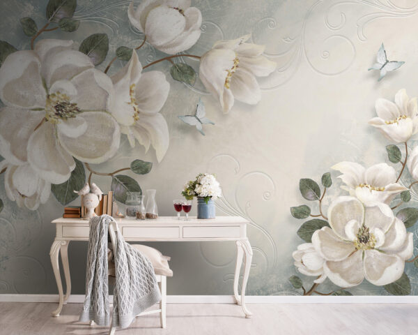 Fototapeta Bílé květy a listy na bílém pozadí