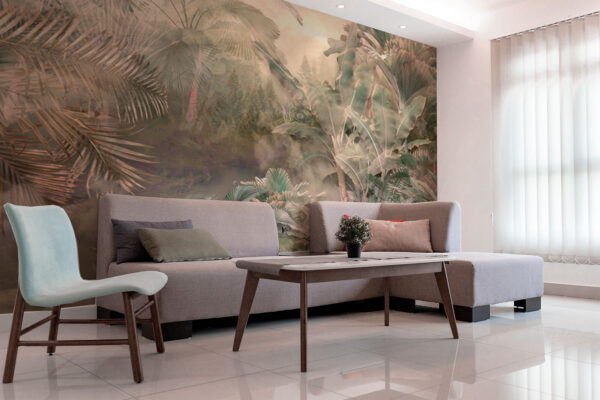 Fototapeta Mlžný les se stromy a rostlinami