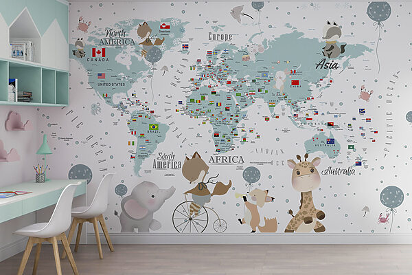 Mapa světa se zvířaty Fototapeta Mapa světa se zvířaty