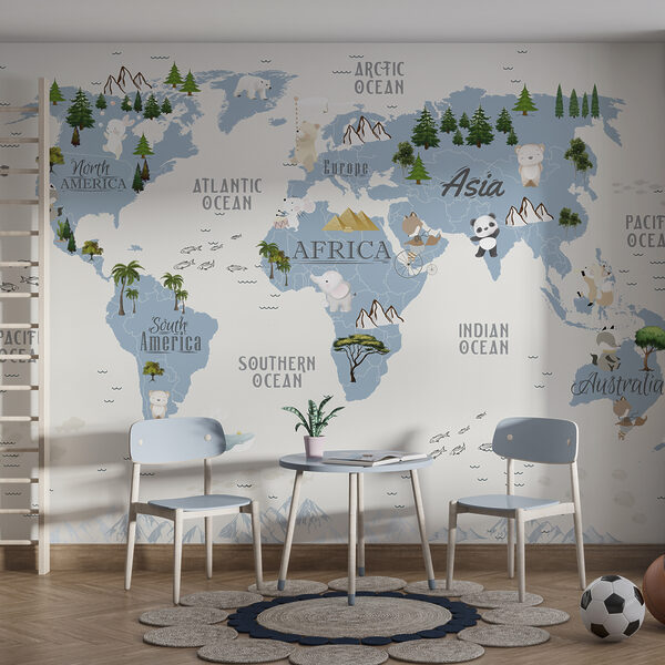 Mapa světa se zvířaty a textem Fototapeta Mapa světa se zvířaty a textem