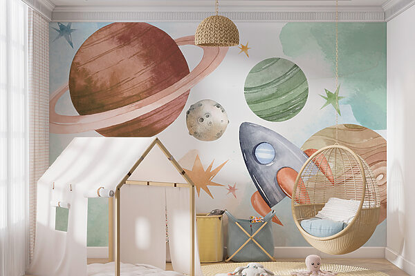 Raketa letící kolem barevných planet Fototapeta Raketa letící kolem barevných planet