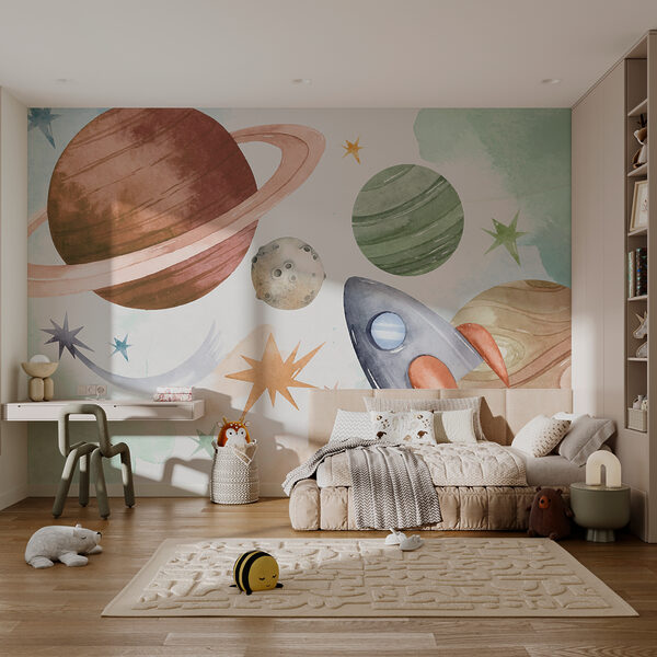 Fototapeta Raketa letící kolem barevných planet