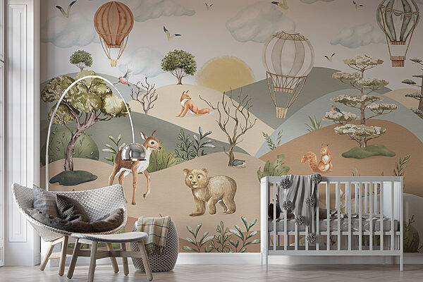 Fototapeta Krajina se zvířaty a horkovzdušnými balóny