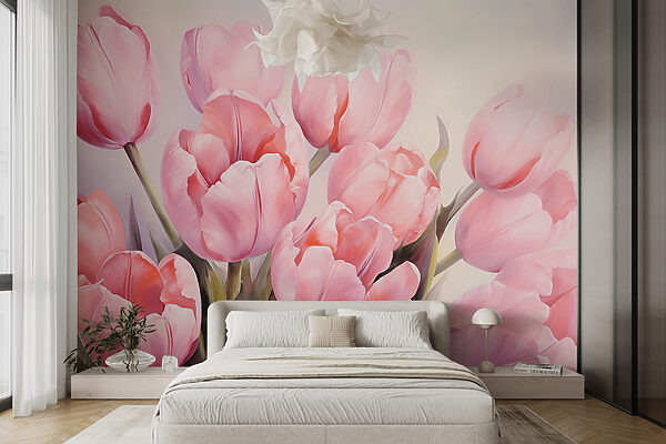 Růžové tulipány tančí ve světle Fototapeta Růžové tulipány tančí ve světle