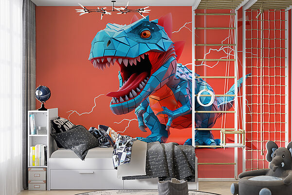 Modrý dinosaurus s vycházejícím bleskem Fototapeta Modrý dinosaurus s vycházejícím bleskem