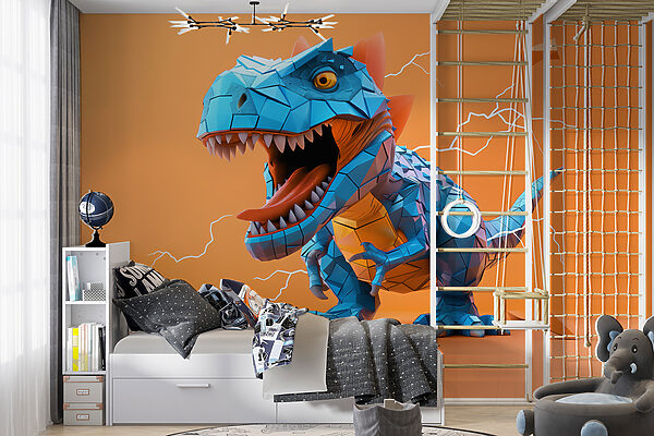 Fototapeta Fototapeta Modrý dinosaurus s vycházejícím bleskem (SKU: w01333v1)