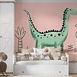 Fototapeta Kreslený dinosaurus s rostlinami a listy