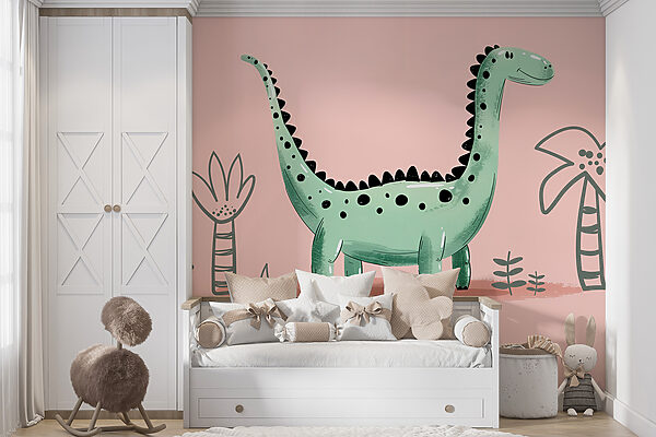 Fototapeta Fototapeta Kreslený dinosaurus s rostlinami a listy (SKU: w01357)