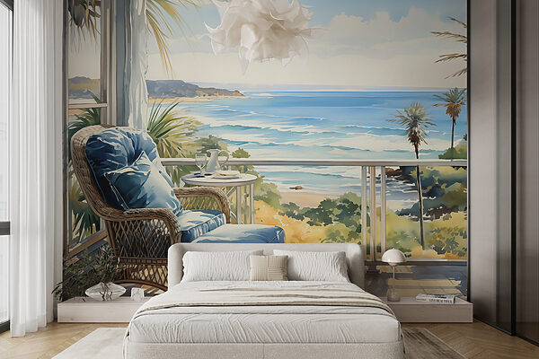 Akvarelová malba židle a stolu na balkoně s výhledem na pláž Fototapeta Akvarelová malba židle a stolu na balkoně s výhledem na pláž