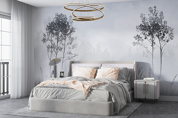 Fototapeta Fototapeta Mlžná krajina se stromy a trávou (SKU: w01547v1)