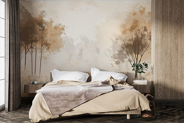 Fototapeta Fototapeta Mlžný les se stromy a trávou (SKU: w01564)