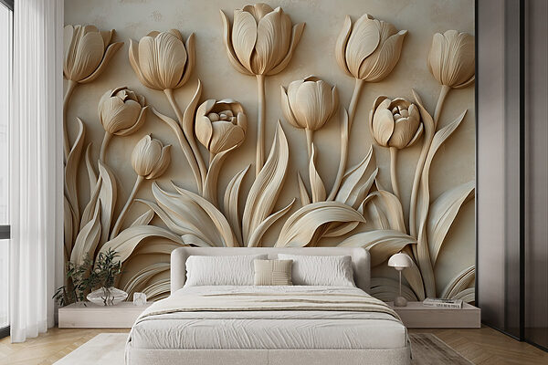 Elegantní béžové sochy tulipánů kvetou Fototapeta Elegantní béžové sochy tulipánů kvetou