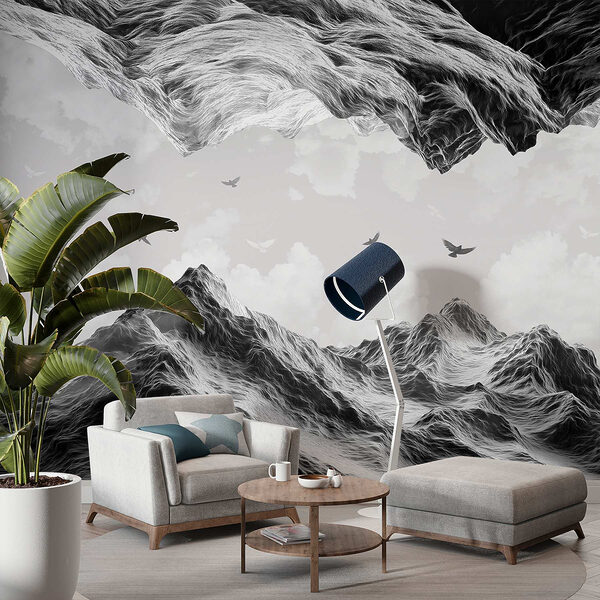 Skupina ptáků letících nad horou Fototapeta Skupina ptáků letících nad horou