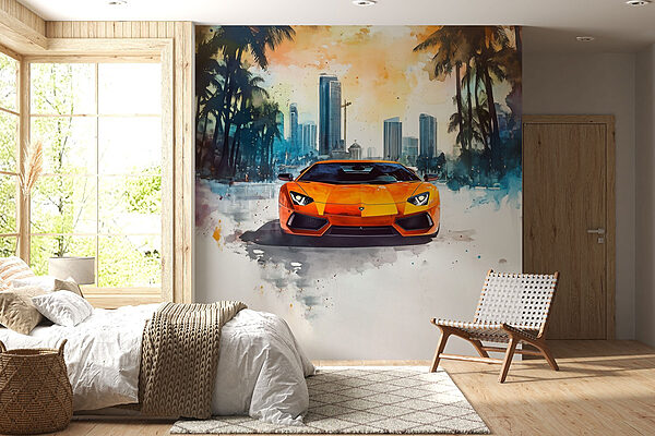 Oranžové sportovní auto na sněhu Fototapeta Oranžové sportovní auto na sněhu