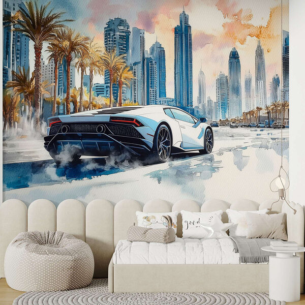 Fototapeta Painting of a white sports car driving on a road with palm trees (SKU: w01963) Fototapeta Painting of a white sports car driving on a road with palm trees (SKU: w01963)