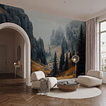 Fototapeta Skalnaté hory se stromy a mlhou