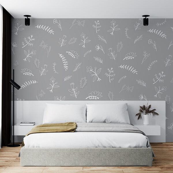 Fototapeta Šedé pozadí s bílými květy a listy