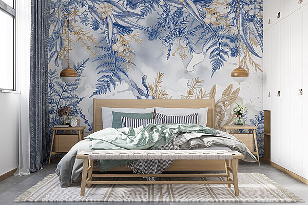 Fototapeta Modrý a bílý květinový vzor