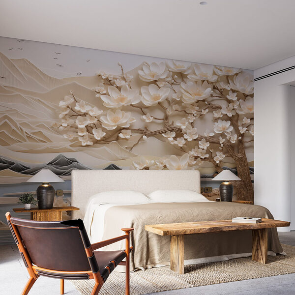 Fototapeta Strom s bílými květy a horami