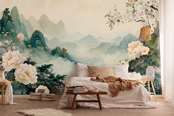 Malba květin a hor Fototapeta Malba květin a hor