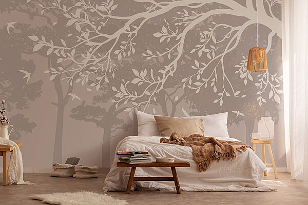 Skupina stromů s letícími ptáky Fototapeta Skupina stromů s letícími ptáky