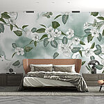 Fototapeta Bílé květy a zelené listy na bílém pozadí