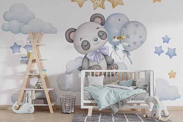 Kreslená panda sedící na obláčku s balónky Fototapeta Kreslená panda sedící na obláčku s balónky