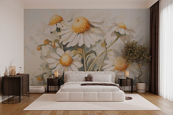 Wall murals Painting of white and yellow flowers Fototapeta Wall murals Painting of white and yellow flowers
