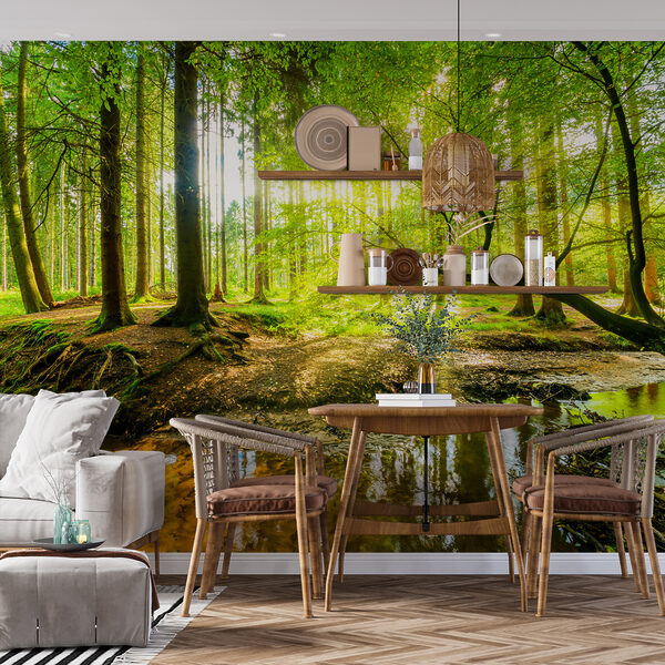 Fototapeta Les se stromy a sluncem prosvítajícím skrz stromy