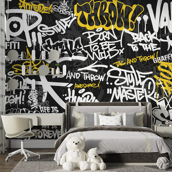 Fototapeta Žluté graffiti na černém pozadí